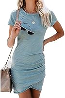Women’s 2021 Summer Casual Crew Neck Ruched Stretchy Tulip Hem Bodycon Short Mini Dress T Shirt Sheath Dresses
