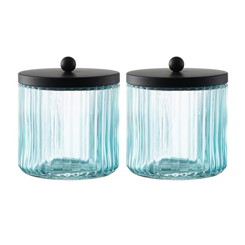 KMwares 2-Pack Glass Qtip Holder Dispenser Set for Cotton Ball, Swab, Round Pads, Floss Picks - Bathroom Canister Storage Organization and Vanity Makeup Organizer (Blue) (Blue-with-Black lid)