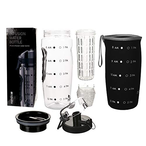 DailyNordic 32 oz Large Fruit Infuser Sports Water Bottle with Insulated Sleeve - BPA-Free, Leak Proof -Full Length Infusion Basket, Flip-Top-Hydration Timeline Tracker-Detachable Ice Gel Ball