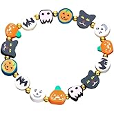 ChungLong0593 Cute Halloween Polymer Clay Beaded Bracelet for Women Funny Pumpkin Ghost Skull Stretch Bracelet Halloween Theme Costume Jewelry Gift