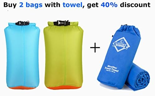 Ultra-Light Waterproof Lightweight Portable Dry Sack Roll-Up Top Closer Compression bag for outdoor, camping, hiking, climbing and watersports (6L, 10L, 20L) (10L with towel, Blue &amp; Green)
