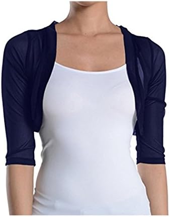 Macria Women's Sheer Chiffon Bolero Shrug Jacket Cardigan 3/4 Sleeves Navy Blue M