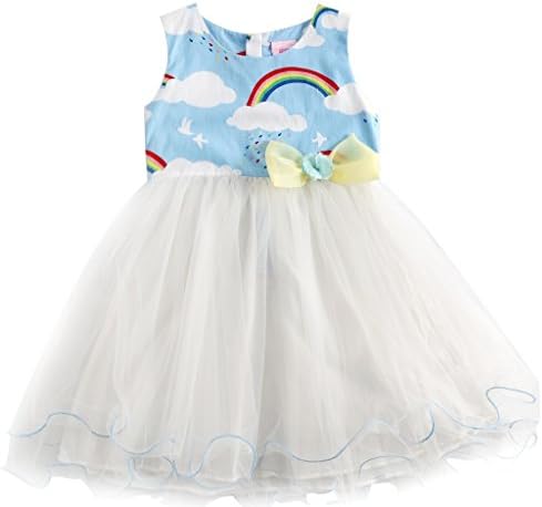Sharequeen Kids Wedding Dress Cotton Upper Rainbow White Cloud Pattern Blue Color with Bowknot