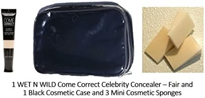 KIXTI 3 Items: WET N WILD Come Correct Celebrity Concealer - Fair and Mini Cosmetic Sponges and Black Cosmetic Makeup Organizer Case