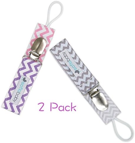 Pacifier Clip with Plastic Teeth - 2 Pack - Trendy 2-Sided Design, Elastic Loop, Durable Ribbon, Great Teething Ring Soothie Pacifiers Teether Holder for Girls, Unique Baby Shower Gift