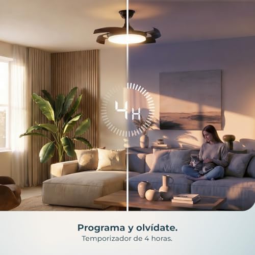 Ventilador de Techo con Luz con Aspas Retráctiles EnergySilence Aero 4500 Puzzle Invisible Black&DarkWood. 30W, Motor DC, Diámetro 42", Luz LED, Mando, Temporizador, Función Verano/Invierno