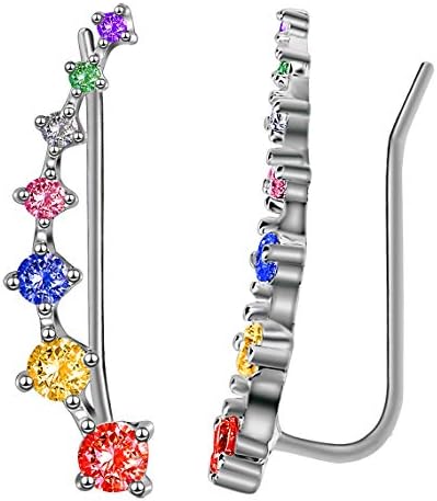 Sterling Silver Sweep up Ear Pin Crawler Cuff Wrap Climber Earrings with 7 CZ Stones