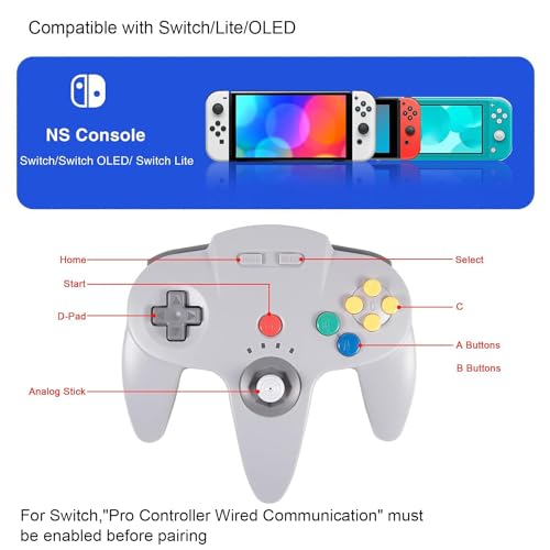 KIWITATA Wireless N64 Controller for Switch, 2.4ghz Rechargeable N64 Remote Wireless USB Joystick Game Controller for Switch/Switch Lite/Switch OLED, MAC, PC Windows 7,8,10,11 Gray