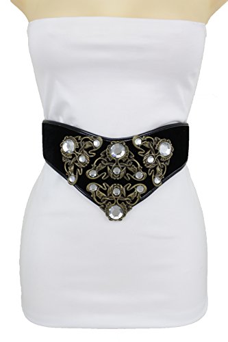 TFJ Women Fashion Belt Silver Metal Studs Wide Faux Patent Leather S M Black