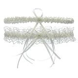 Lace Ruffle Faux Pearl Chiffon Floral Ribbon Wedding Garter with Toss Away