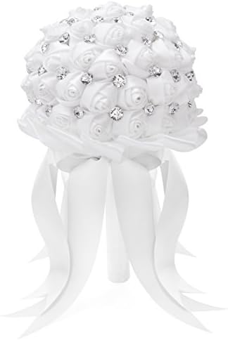 FAYBOX Crystal Satin Rose Bridal Bridesmaid Bouquets Wedding Flower Decor White