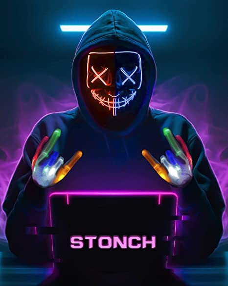 STONCH Halloween Glow Mask Skeleton Gloves Set, 3 Modes Light Up Scary LED Mask with LED Glow Gloves, Halloween Costumes glow purge Masks