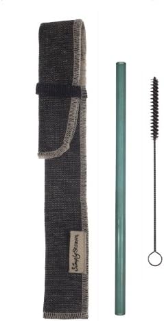 Simply Straws Single Sleeve Set, 1 Classic 8-Inch Teal Straw, 1 Reverse Denim Sleeve and 1 Brush