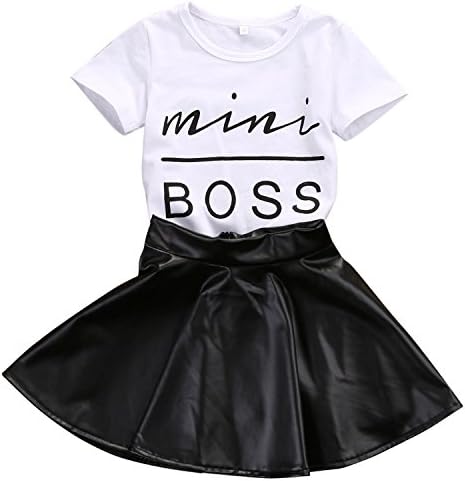 Reedbler Summer Fashion 2PCS Toddler Infant Kids Girl Clothes Set Mini Boss T-Shirt Tops + Leather Skirt Outfit Child Suit