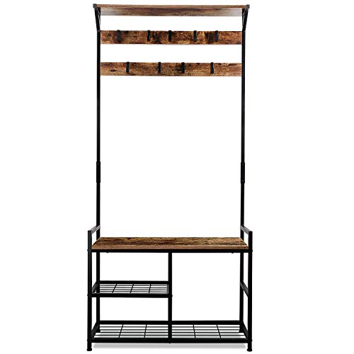 HOMEKOKO-Coat-Rack-Shoe-Bench-Hall-Tree-Entryway-Storage-Bench-Wood-Look-Accent-Furniture-with-Metal-Frame-3-in-1-Design-Rustic-Brown
