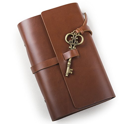 ANCICRAFT Vintage Soft Genuine Leather Journal Diary Notebook Refillable with Key 6-ring Binder Lined Craft Paper A6 (Red brown with key)