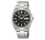 Seiko Men's Silvertone Black Dial Solar Calendar Watch