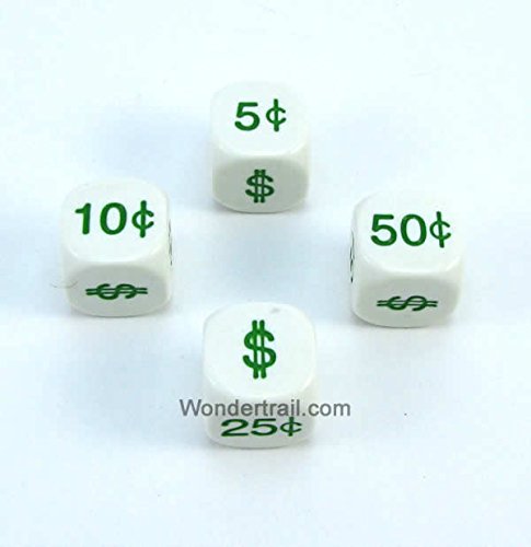 WKP13864E4 US Money Dice D6 White Opaque with Green Symbols 20mm (25/32in) Set of 4 Dice Koplow Game