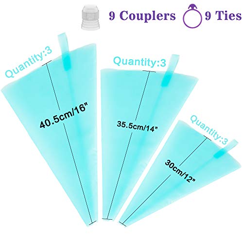 Qozary Reusable Decorating Bags, 9 Pack Silicone Piping Icing Bags, 27 Pieces Cake Decorating Tools with 9 Pastry Bags, 9 Standard Couplers and 9 Ties, Baking Supplies Kit for Cake, Cupcake, Cookies