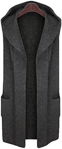 CLJJ7 Women's Open Front Mid-long Hooded Knit Cardigan Sweater Vest (Medium, Dark Gray)