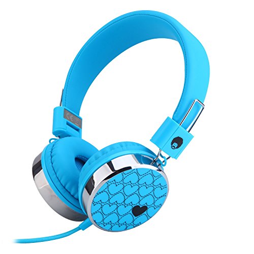 Rockpapa Love Foldable On Ear Headphones Adjustable Headband with 3.5mm Jack, Love Heart Earphones for Kids Children Toddler Teens Age 3-15 Blue