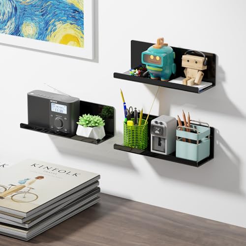 Toski Set of 2 Black Acrylic Wall Shelves No Drilling 30cm Self Adhesive Kitchen Floating Photo Wall Shelf Bathroom Adhesive