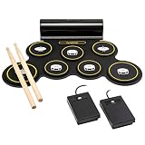 Ivation Portable Electronic Drum Pad - Digital Roll-Up Touch Sensitive Drum Practice Kit - 7 Labeled Pads 2 Foot Pedals Kids Children Beginners (with Speaker and Built in Rechargeable Battery)