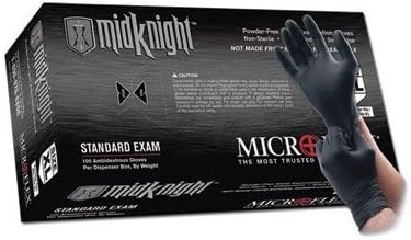 Microflex Medical MK-296-XL X-Large Black 9.645'' MidKnight 4.7 mil Nitrile Ambidextrous Non-Sterile Medical Grade Powder-Free Disposable Gloves, English, 15.34 fl. oz., Plastic, 1" x 9.6" x 5.5"
