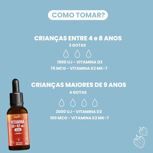 Bigens Vitamina D3 + K2 MK-7 Kids em Gotas, D3 2000UI | K2 100mcg, Sabor Morango, 20ml.