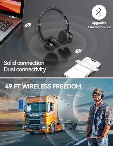 TECKNET Bluetooth Headset Wireless Headset with Microphone Noise Canceling, 50H Playtime & Mute, Wireless Headphones with Mic Bluetooth 5.2 On-Ear Headphones for Trucker Cellphone Office Call Center