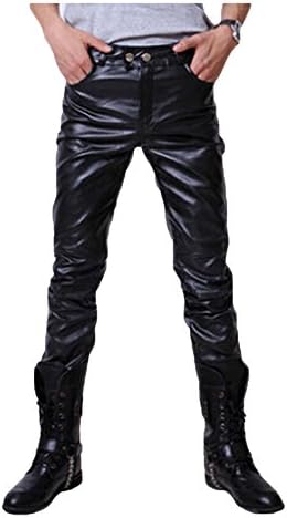 Hemo Men's Punk Rock Fake Leather PU Slim Motorcycle Trousers Pants