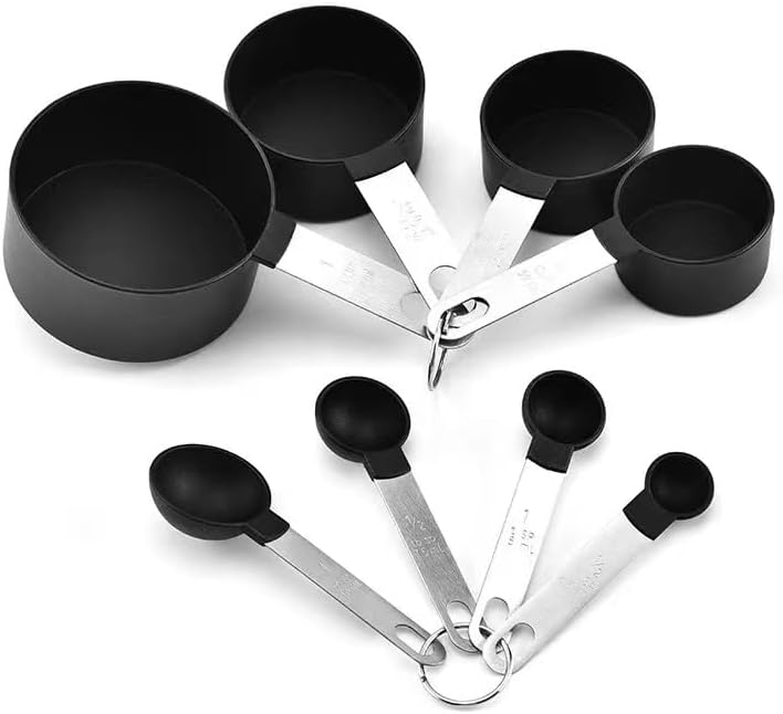 Juego de 8 tazas y cucharas medidoras, cucharas medidoras apilables negras para medir ingredientes secos y líquidos, cucharadita pequeña con cabeza de plástico