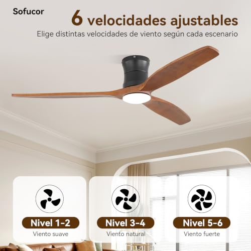 Sofucor Smart Ventilador de Techo con Luz, 132cm Madera Maciza Ventilador de Techo con Alexa/APP/WiFi, Mando a Distancia, DC, 3 Temperaturas de Color, Temporizador, 6 Velocidades para Salón
