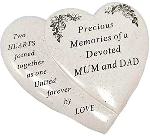 David Fischhoff Mum & Dad Double Heart Flower Graveside Memorial Ornament Verse Plaque, Waterproof and Weather Resistant for Indoor & Outdoor Use, 18 x 15 cm