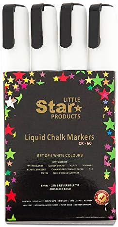 White Chalk Pens 8g, Liquid Markers set for Nonporous Chalkboard Windows Blackboard Labels & Café, 6mm Bold & Chisel Tip, Wet wipe Erasable Pack of 4
