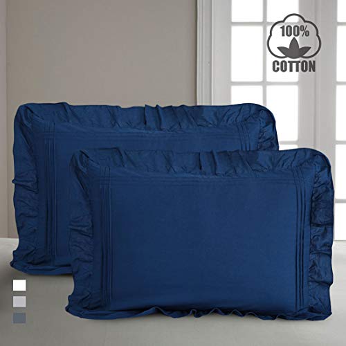 YINFUNG Ruffled Pillow Shams Cotton Navy Blue Lace Pillowcases Shabby Chic Victorian Country Set of 2 Pillow Cover Standard Princess Frilly Protector Pintuck Pretty Cute 20x26