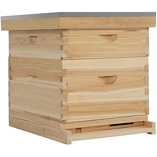 HOMBEMO Wooden 10 Frames Langstroth Honey Bee Hive Box Beehive House Honey Keeper with Metal Roof Includes Frames and Foundations (2-Layer)