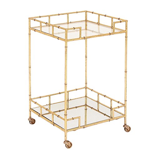 Urban Designs 7727556 Gold Leaf 2-Shelf Square Metal Mirror Mobile bar Cart Gold, Medium
