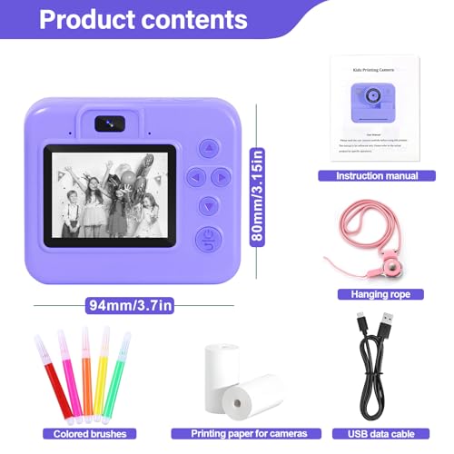Instant Print Camera for Kids, Fun DIY Printing Camera for Girls Boys, Colored Pens and Printing Paper, Digital Camera with 2.4" Screen, 32GB SD Card, HD 1080P, Holiday Birthday Gifts