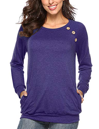 Womens Button Long Sleeve Tops Casual Blouses T-Shirt Round Neck Pockets Top Purple L