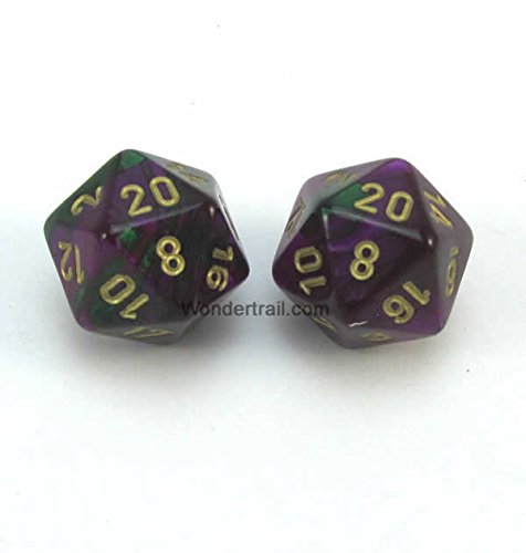 WCXPG2034E2 Green and Purple Gemini Dice with Gold Numbers D20 Aprox 16mm (5/8in) Pack of 2 Dice Chessex