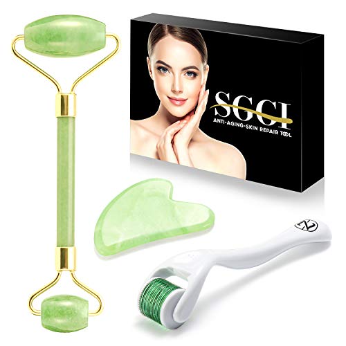 SGGI Jade Roller for Face-3 in 1 Beauty Kit Facial Roller and Gua Sha 100% Real Natural Jade Stone Body Roller Anti Aging – Face Beauty Set Facial Skin Massager Roller for Body Eyes Neck