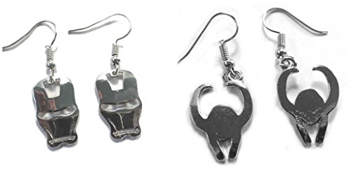 Silver Ironman Mask and Loki Helmet Dangle Earrings w/Gift Box