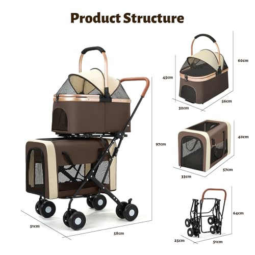 Beauenty Double Pet Stroller for Dogs and Cats, Lightweight Folding Pet Dog Stroller for Small Medium Dogs Cats, 2 Detachable Carrier Bags, 4 Lockable Wheels & Safety Belts, Brown