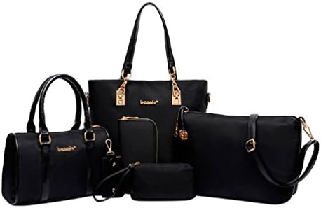 Kairuun Women Handbag Nylon Waterproof Tote Clutch Purse Key chain 6 Piece Set Bag Solid Color