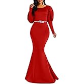 Memoriesea Women's Elegant Long Puff Sleeve Crew Neck Bodycon Mermaid Evening Gown Maxi Dress