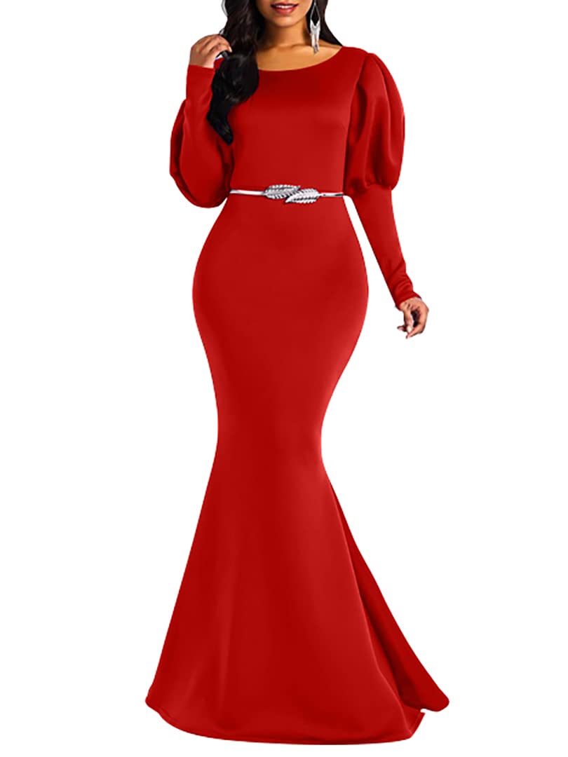 Photo 1 of Memoriesea Women's Elegant Long Puff Sleeve Crew Neck Bodycon Mermaid Evening Gown Maxi Dress Red