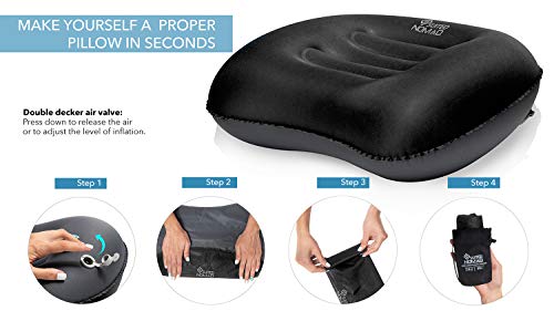 SuitedNomad Inflatable Camping Pillow-Ultralight Backpacking Blow Up Travel Pillow-Comfortable,Ergonomic Neck&Lumbar Support-Great for Camp,Hiking,Tent,Beach (Black)