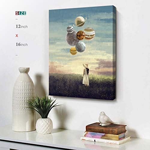 Inspirational Wall Art for Office Girl Holding Planet Surrounded by Bloosom Flowers Romantic Painting Modern Creative Motivational Canvas Framed Artwork for Bedroom Living Room Bathroom 12x16inch