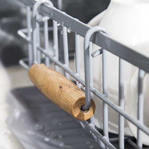 Dish Drying Rack with Wooden Handles (16.5 x 12.5 x 5 Inches) Includes Removable Utensil Tray, 1 Drain Board, 1 Drip Tray - Large Dish Drainers for Kitchen Counter